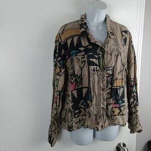 Chicos Jacket Womens‎ 2 Multicolor Abstract Linen Button Up Artistic Print Happy